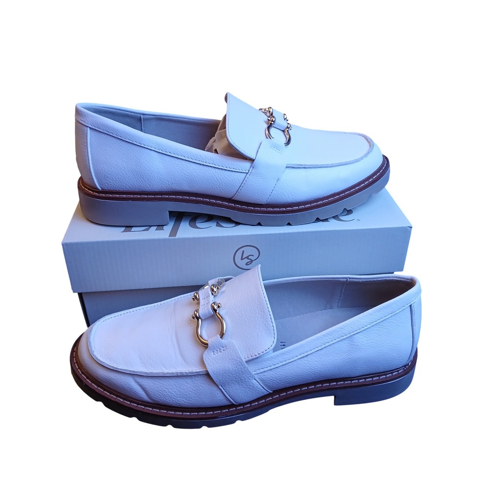 Anne Klein Ezra White Bit Loafers iFlex Lug Sole Gold Hardware Womens 8.5M